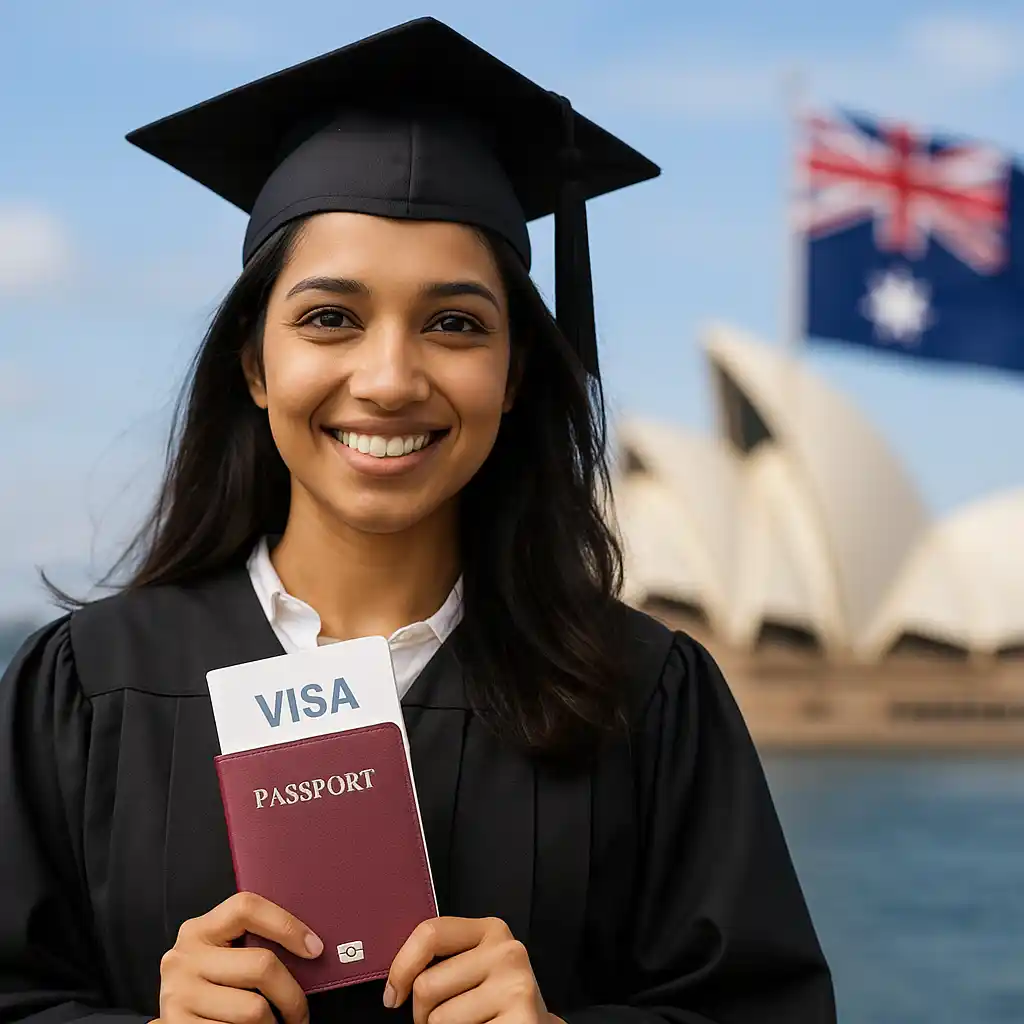 Smiling graduate holding passport and visa in front of Sydney Opera House, representing student visa consultants in Sydney