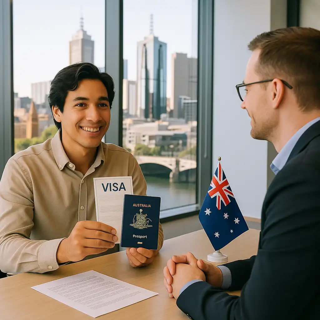 Best Migration Consultant in Melbourne – Your Pathway to Australia. A realistic and professional image showing a confident young person meeting with a migration consultant in a modern Melbourne office. On the desk, there is an Australian passport, visa documents, and a small Australian flag