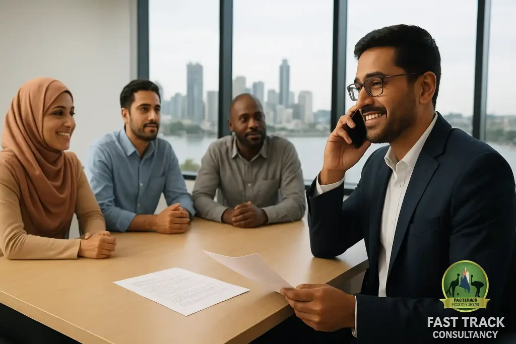 Migration consultant in perth office meeting with clients or speaking on the phone, with Fast Track Consultancy logo in corner.