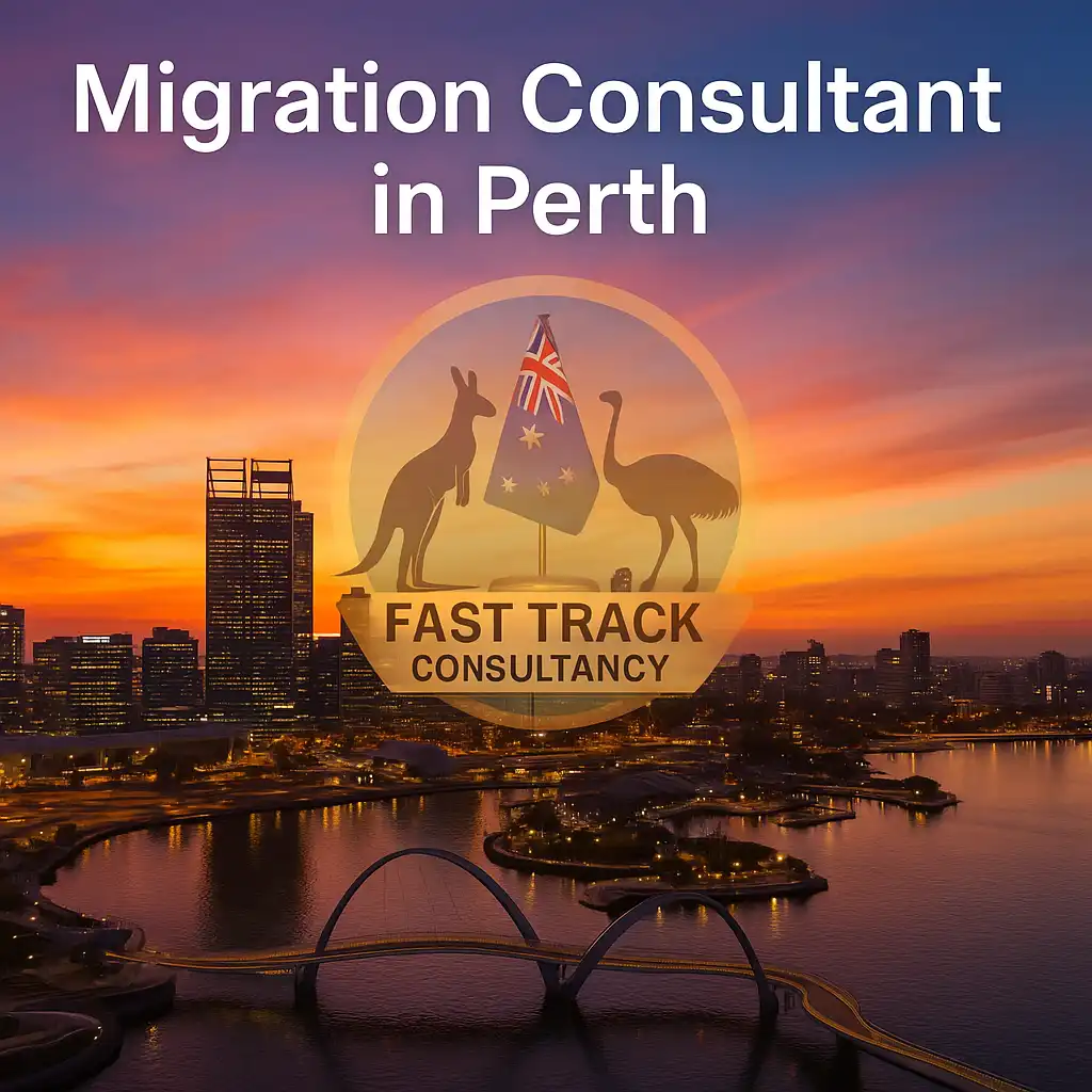 "Featured image showing Perth skyline at sunset with Fast Track Consultancy logo for blog about migration consultants in Perth.