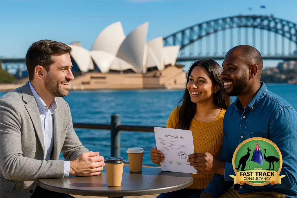 A migration consultant talking with a happy couple near Sydney Harbour — steps to apply for an Australian visa